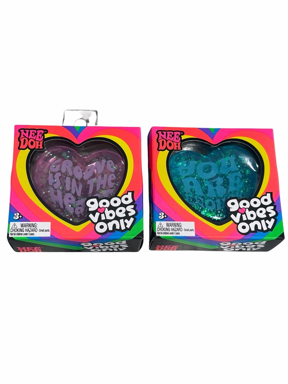 Brand New Nee Doh Good Vibes Glitter Heart Squishy 1 Pink & 1 Blue Fidget 2ct 🔥
